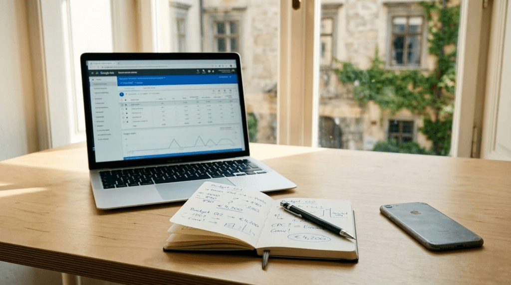 Moderner Arbeitsplatz am Fenster mit Laptop (GA4-Analyse), Notizbuch und IPhone, Blick auf historisches Gebäude mit Efeu.