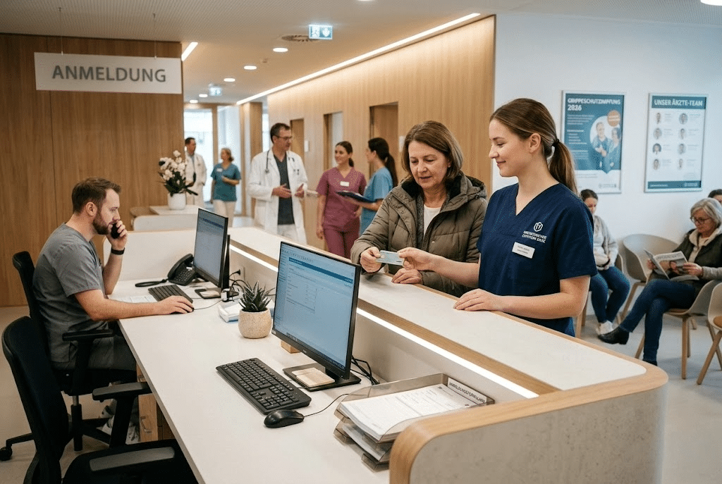 Anmeldung in einer modernen Klinik – Mitarbeiterin überreicht Patientin eine Karte am Empfangsschalter