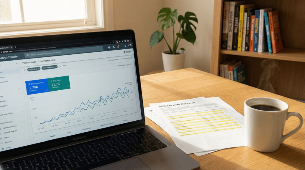 SEO Analyse mit Google Search Console – Keyword Research und Performance-Daten auf einem Laptop